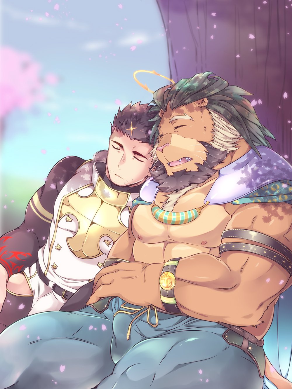 2boys, animal_ears, arsalan_(tokyo_houkago_summoners), bara, bare_chest, beard, black_bodysuit, black_hair