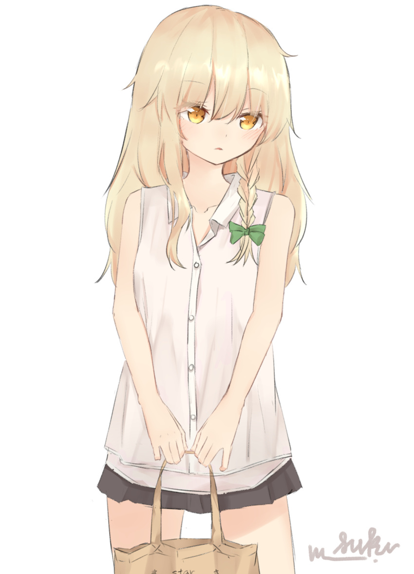 1girl, artist_name, bangs, blonde_hair, blush, breasts, brown_skirt, commentary_request, hakurei_reimu, highres, holding, kirisame_marisa, long_hair, looking_at_viewer, marisuku, pleated_skirt, shirt, simple_background, skirt, solo, touhou, white_background, yellow_eyes