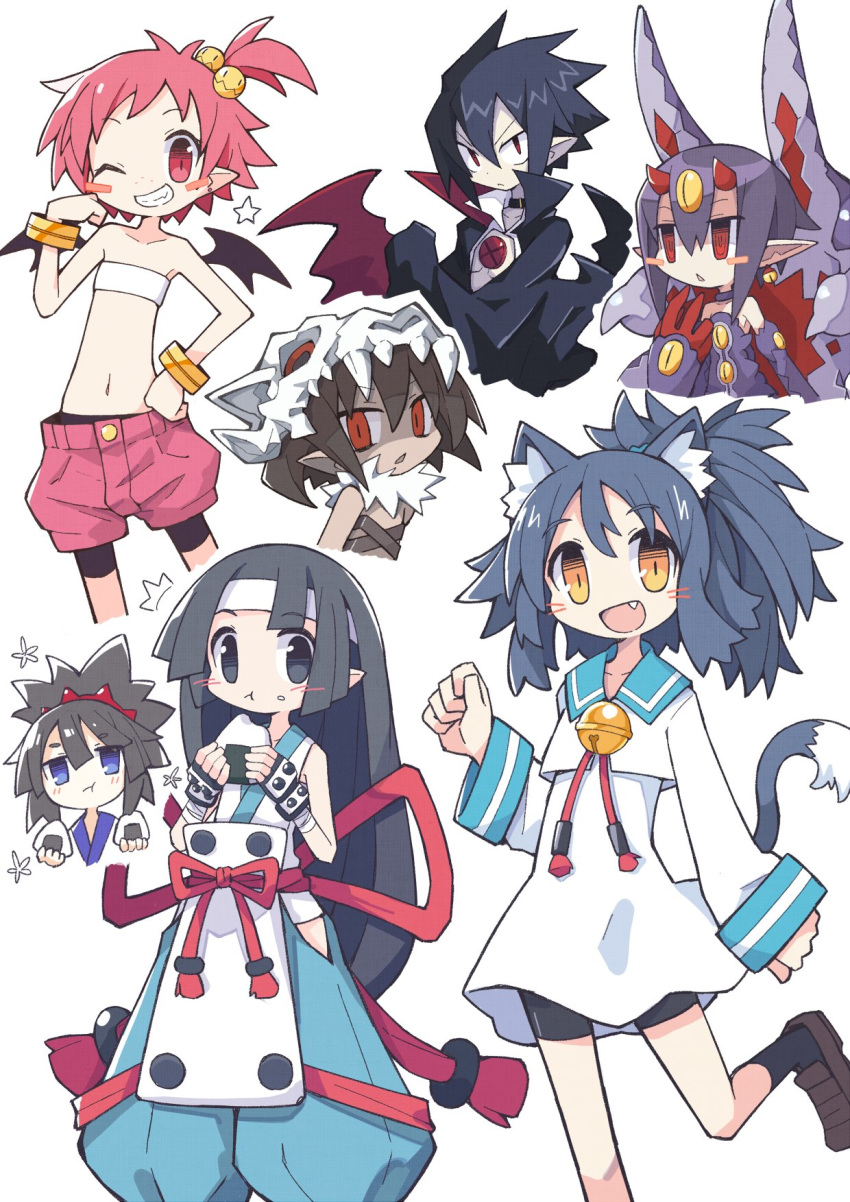 /\/\/\, 1boy, 6+girls, :t, animal_ear_fluff, animal_ears, asameshi, bat_wings