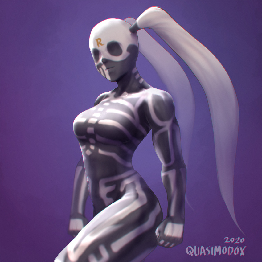 1girl, alternate_hair_color, bodysuit, breasts, clenched_hands, commentary, covered_eyes, english_commentary, fighting_ex_layer, fusion, highres, long_hair, medium_breasts, nose, purple_background, quasimodox, rainbow_mika, skeleton_print, skin_tight, skullomania, solo, street_fighter, thick_thighs, thighs, twintails, very_long_hair, white_hair
