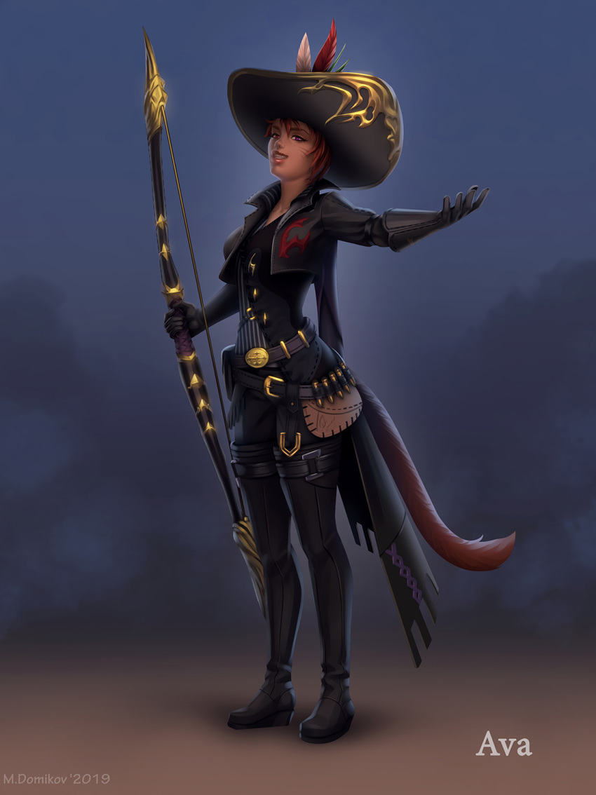 1girl, bard_(final_fantasy), belt, black_clothes, black_footwear, black_gloves, boots, bow_(weapon)
