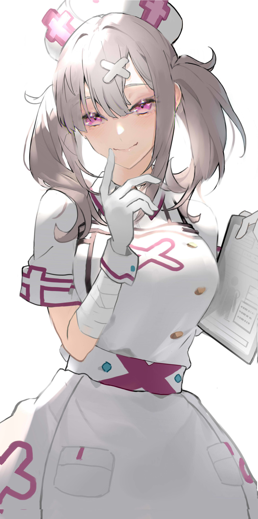 1girl, absurdres, apron, bandaged_arm, bandages, bangs, breasts, clipboard