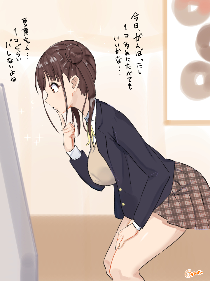 1girl, bangs, black_jacket, blazer, breasts, brown_eyes, brown_hair, brown_skirt
