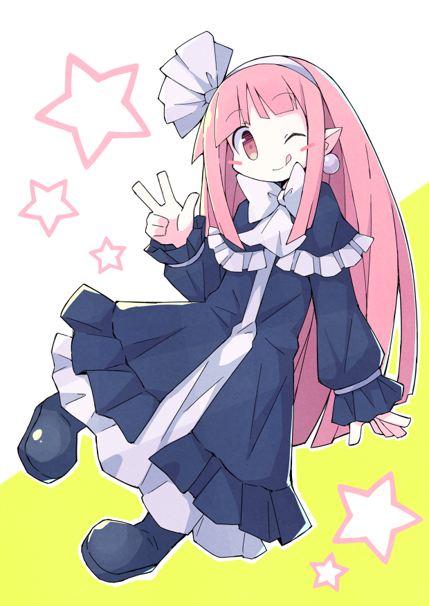 1girl, :q, asameshi, bangs, black_dress, black_footwear, blunt_bangs, blush_stickers