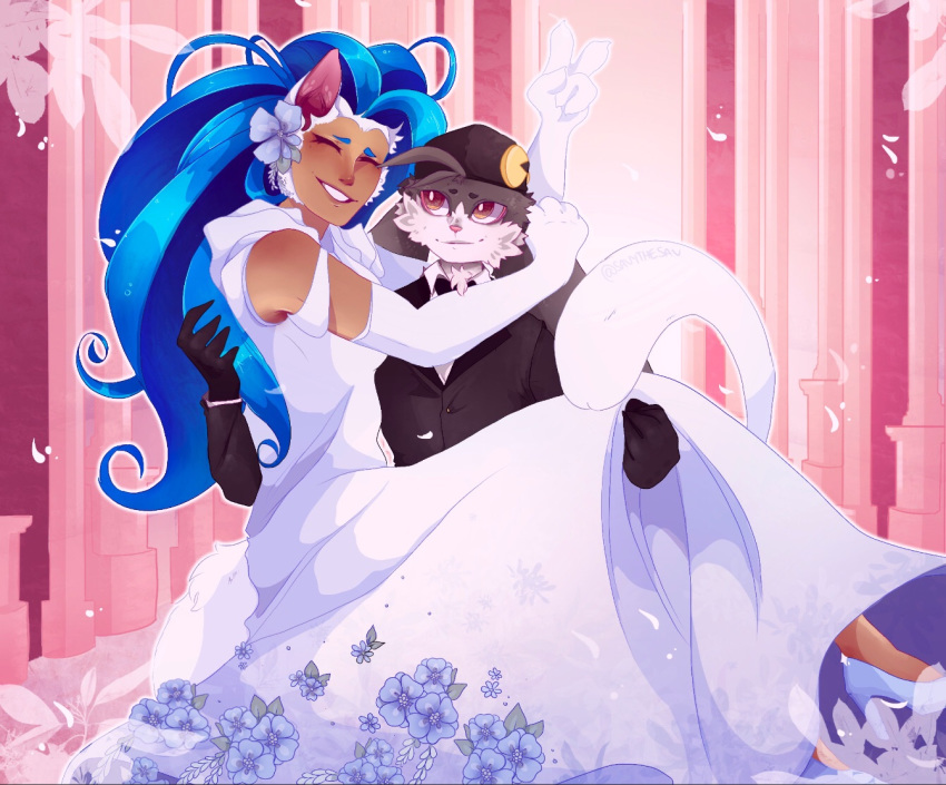 animal_ears, backwards_hat, bandai_namco, black_fur, black_hat, blossoms, blue_flowers, blue_hair
