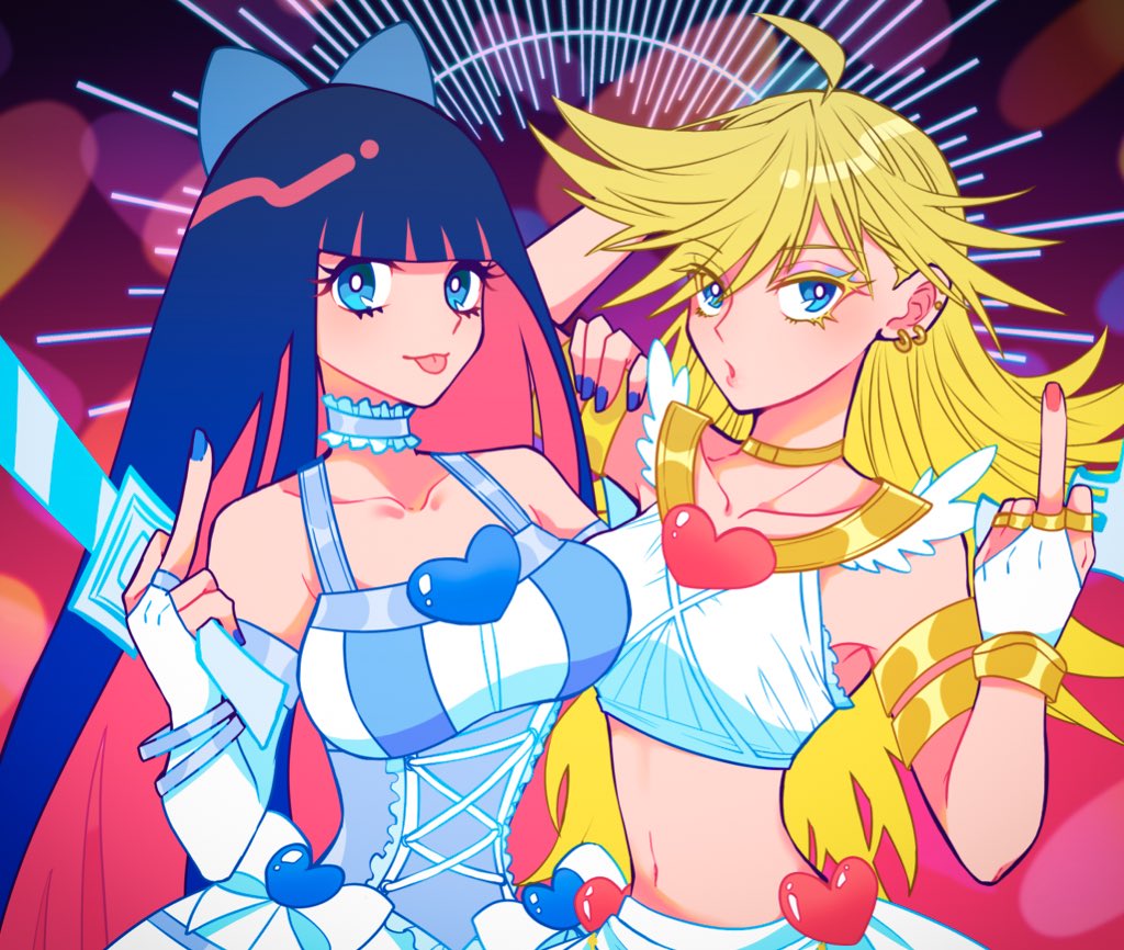 2girls, :o, blonde_hair, blue_bow, blue_eyes, bow, breasts, choker, colored_inner_hair, frilled_choker, frills, hair_bow, hatake_(hatanosuke), large_breasts, long_hair, looking_at_viewer, middle_finger, multicolored_hair, multiple_girls, open_mouth, panty_&amp;_stocking_with_garterbelt, panty_(psg), pink_hair, pink_nails, purple_hair, stocking_(psg), tongue, tongue_out, very_long_hair