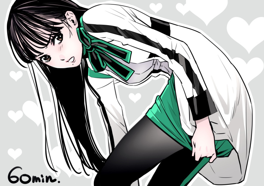 1girl, bent_over, black_hair, brown_eyes, cosplay, grey_background, heart, is_(kamen_rider_01), is_(kamen_rider_01)_(cosplay), kamen_rider, kamen_rider_01_(series), long_hair, looking_back, parashima_tenko, solo, v-shaped_eyebrows, yaiba_yua
