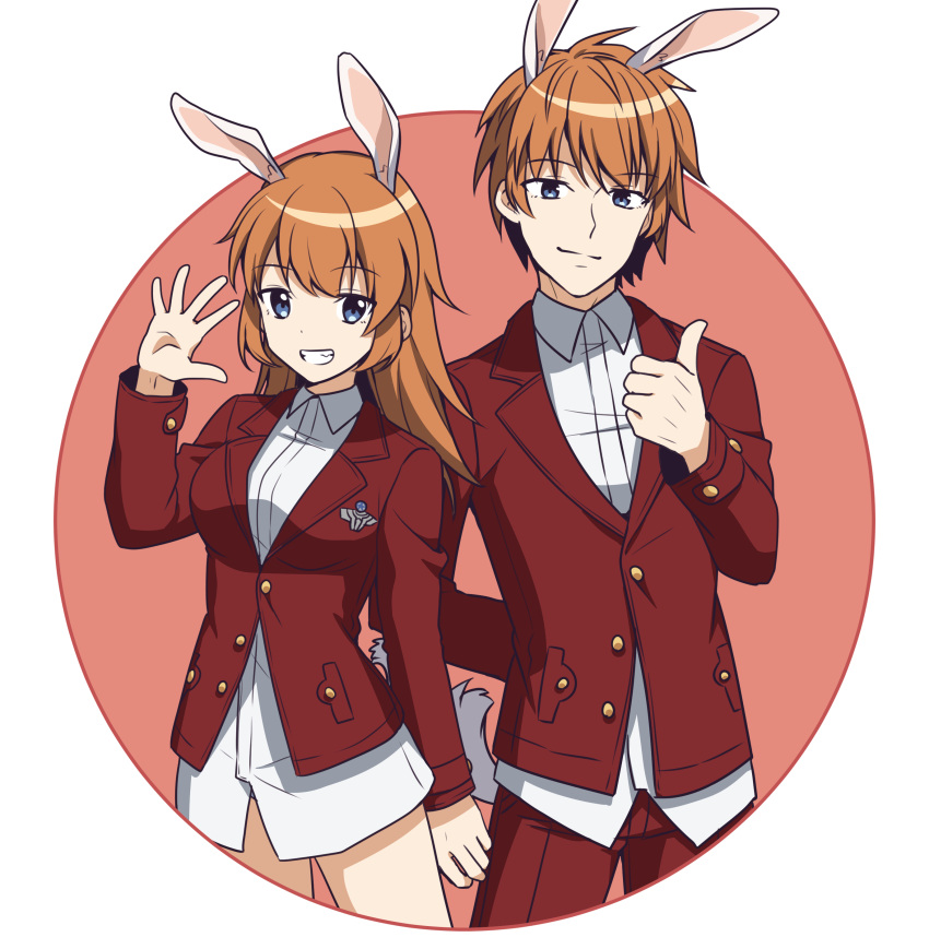 1boy, 1girl, absurdres, animal_ears, bangs, blue_eyes, breasts, brown_background, brown_hair, charlotte_e_yeager, closed_mouth, collared_shirt, dual_persona, eyebrows_visible_through_hair, genderswap, genderswap_(ftm), grin, hair_between_eyes, hand_up, highres, ichiren_namiro, long_hair, long_sleeves, looking_at_viewer, medium_breasts, no_pants, pants, rabbit_ears, red_pants, red_x, shirt, smile, strike_witches, thumbs_up, two-tone_background, white_background, white_shirt, world_witches_series