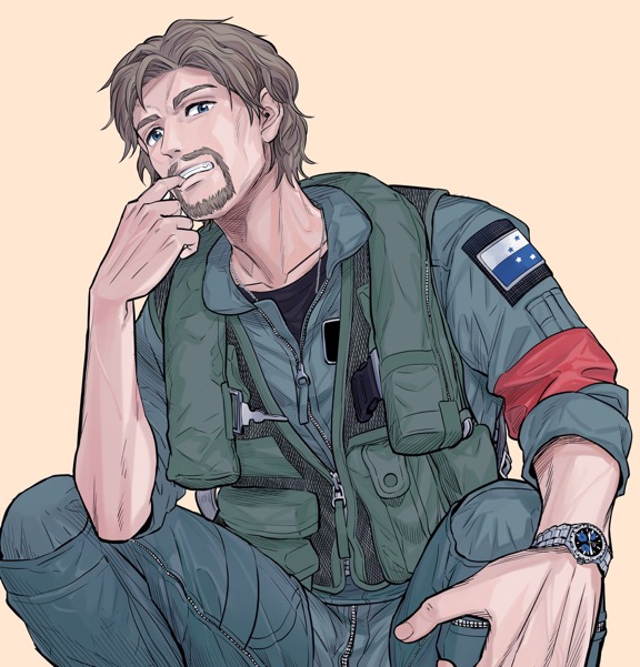 1boy, ace_combat, ace_combat_7, armband, blonde_hair, blue_eyes, collarbone, commentary, count_(ace_combat_7), facial_hair, finger_in_mouth, grin, looking_at_viewer, md5_mismatch, osean_flag, patch, pilot, pilot_suit, resolution_mismatch, sitting, smile, source_larger, takato15_c, watch, wavy_hair, zipper