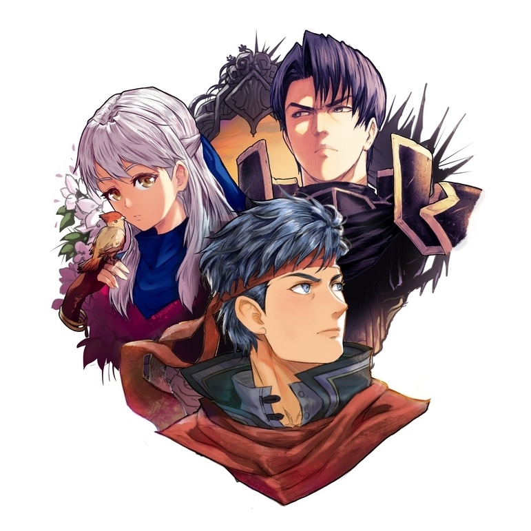 1girl, 2boys, armor, bangle, bird, black_knight_(fire_emblem), blue_hair, blue_scarf