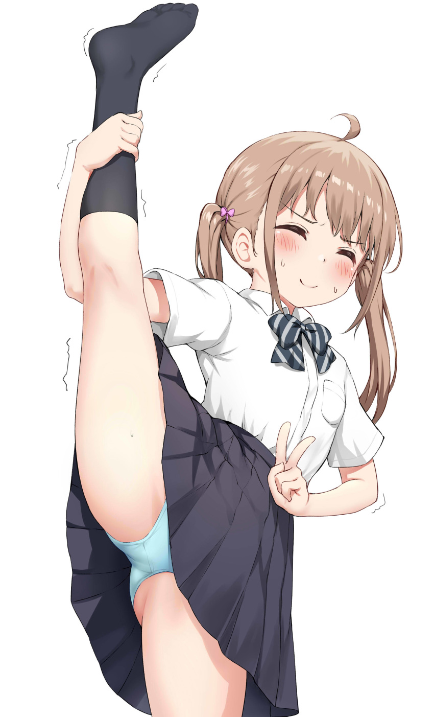 1girl, absurdres, ahoge, bangs, black_legwear, blue_panties, blush, bow, bowtie, closed_eyes, eyebrows_visible_through_hair, highres, kneehighs, leg_lift, leg_up, light_brown_hair, low_twintails, nedia_(nedia_region), original, panties, school_uniform, shirt, short_sleeves, short_twintails, simple_background, skirt, smile, solo, split, standing, standing_on_one_leg, standing_split, striped, striped_neckwear, sweat, twintails, underwear, v, white_shirt