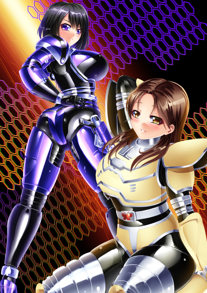 2girls, arm_up, armor, ass, b-fighter_kabuto, black_bodysuit, black_hair, bodysuit