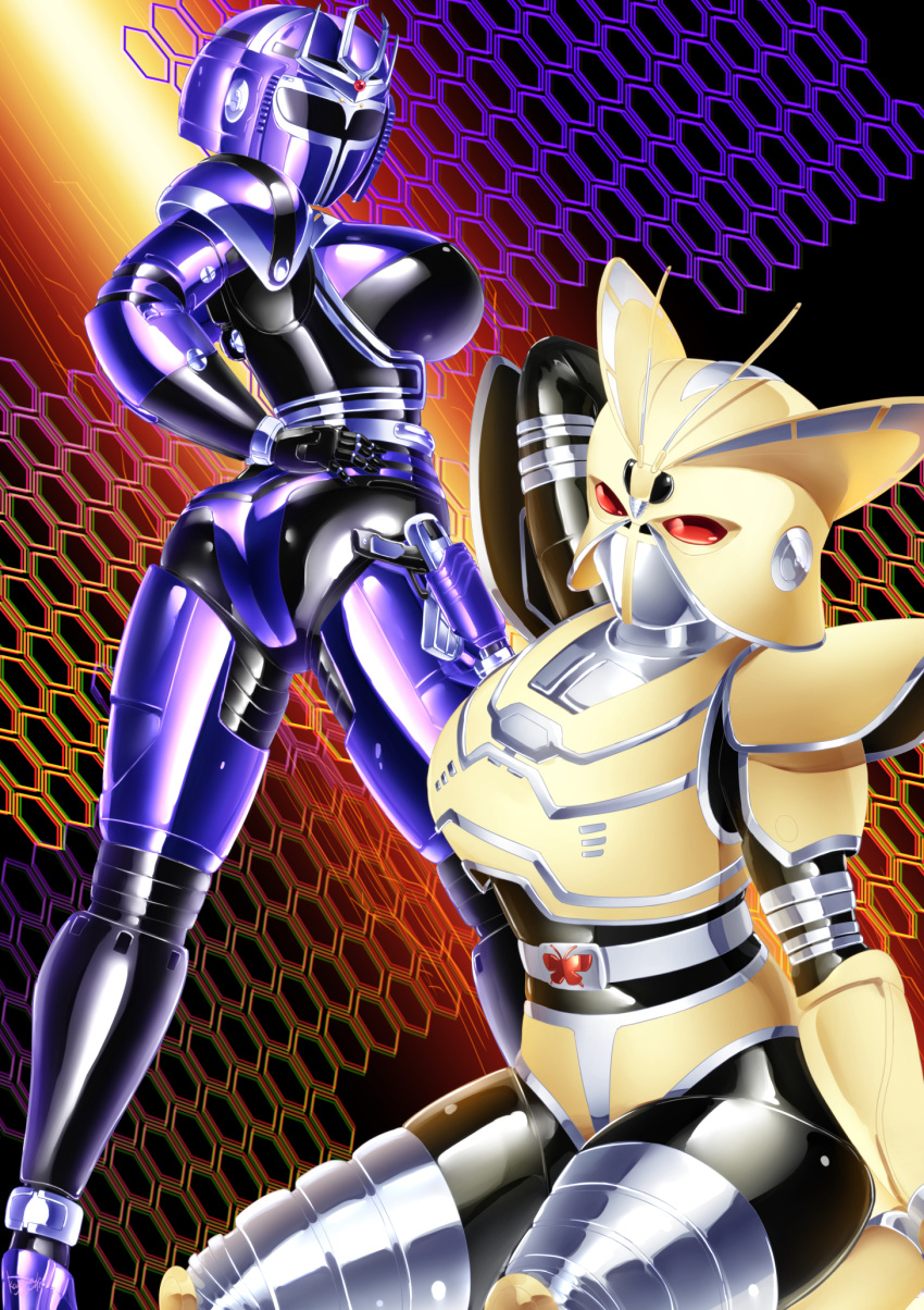 2girls, arm_up, armor, ass, b-fighter_kabuto, black_bodysuit, bodysuit, breastplate
