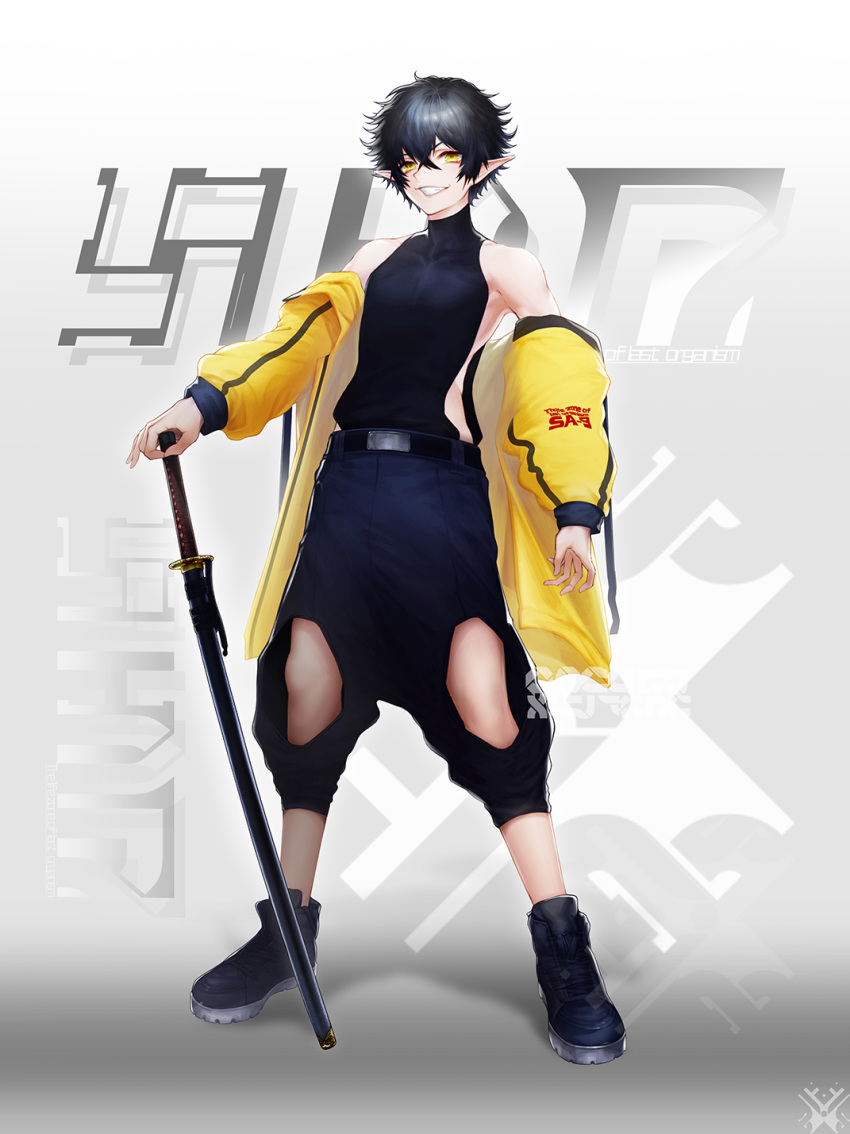1boy, bare_shoulders, belt, black_hair, collarbone, covered_collarbone, hair_between_eyes, highres
