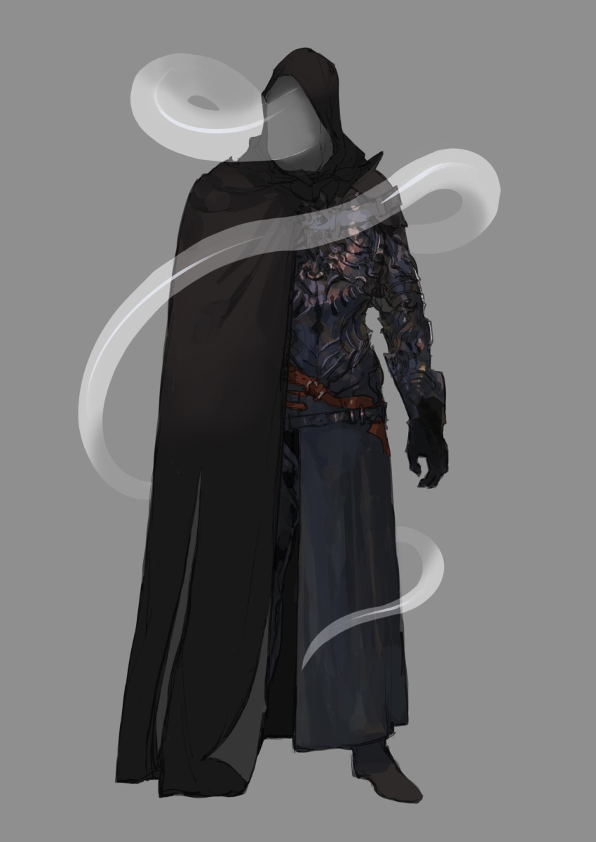 1boy, armor, belt, black_cloak, breastplate, cloak, fantasy, ghost
