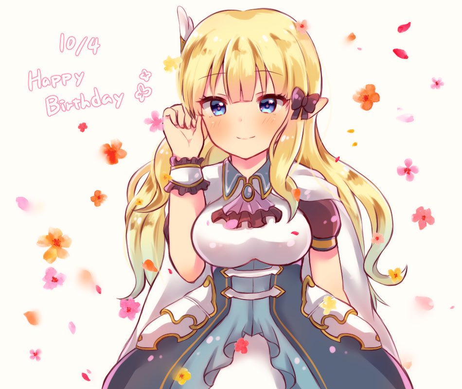 1girl, bangs, black_bow, blonde_hair, blue_eyes, blush, bow, breasts, elf, eyebrows_visible_through_hair, hair_bow, hair_ornament, long_hair, looking_at_viewer, mk1122maki, pointy_ears, princess_connect!, princess_connect!_re:dive, saren_(princess_connect!), smile, solo