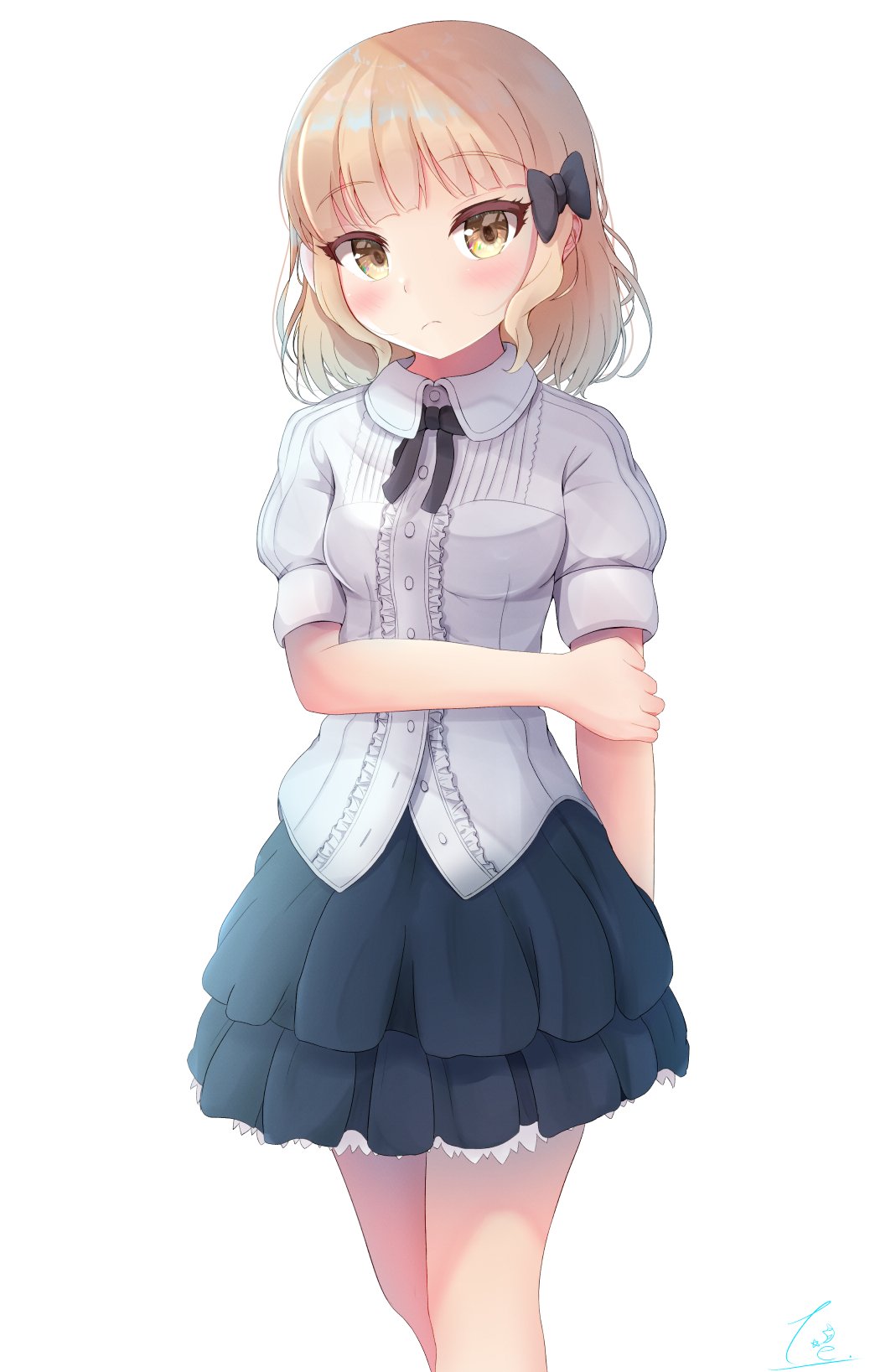 1girl, bangs, black_bow, blonde_hair, blush, bow, breasts, casual