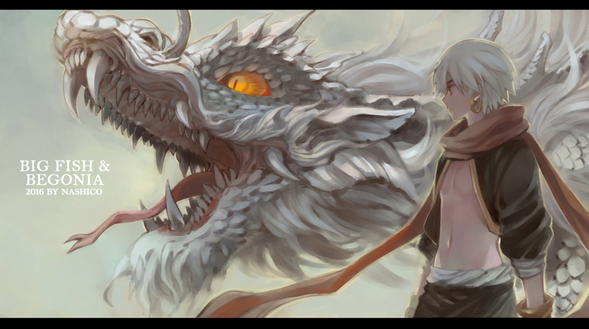 1boy, artist_name, bare_chest, brown_gloves, character_name, closed_mouth, da_hai, dragon, earrings, forked_tongue, gloves, hoop_earrings, jewelry, male_focus, nasu_nashi, navel, open_mouth, orange_eyes, red_scarf, scarf, sharp_teeth, single_earring, teeth, tongue, tongue_out, white_hair