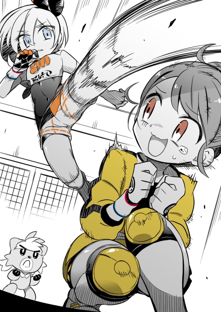2girls, bangs, bea_(pokemon), bodysuit_under_clothes, bow_hairband, chida_daisuke, commentary_request, dynamax_band