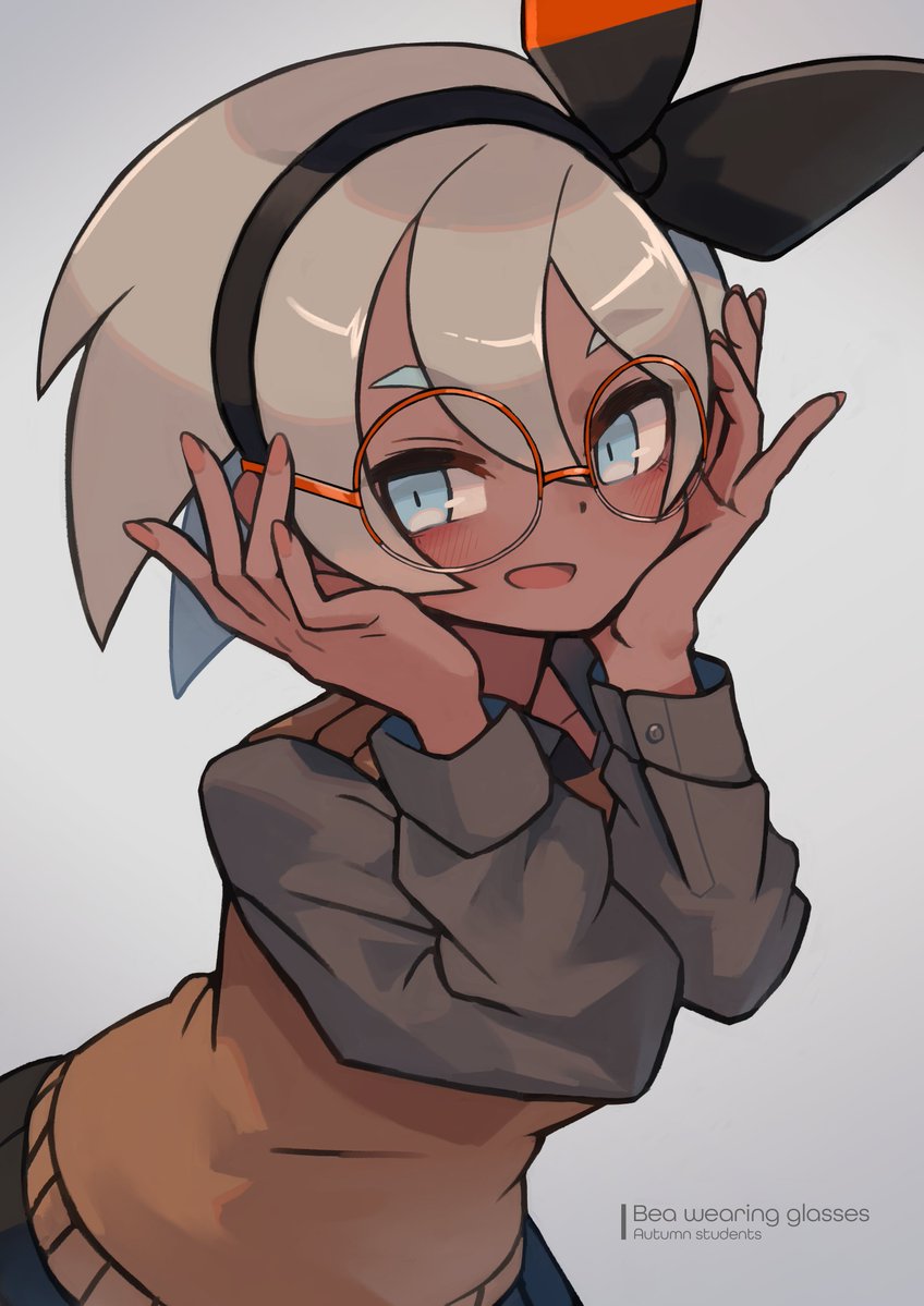 1girl, bangs, bea_(pokemon), bespectacled, black_hairband, blue_eyes, blush, bow_hairband