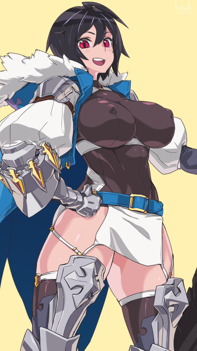 1girl, armor, belt, black_hair, boots, breasts, celliera, covered_nipples