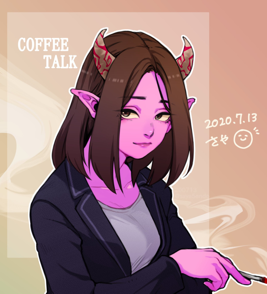 1girl, blazer, brown_hair, cigarette, coffee_talk, demon_girl, english_text, highres