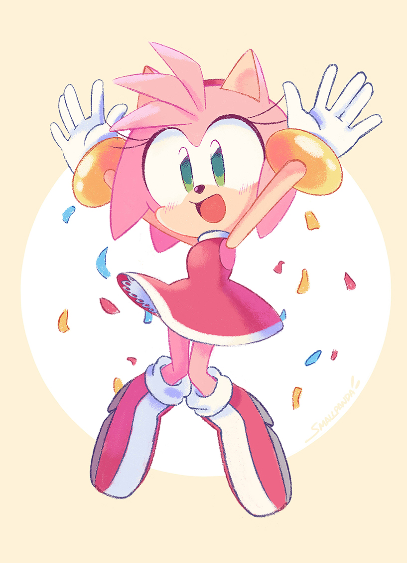 1girl, :d, amy_rose, arms_up, blush, boots, confetti, english_commentary, full_body, furry, gloves, green_eyes, happy, happy_birthday, high_heel_boots, high_heels, looking_at_viewer, open_mouth, smallpanda, smile, solo, sonic_(series), white_gloves