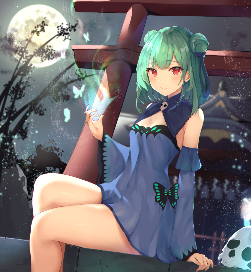 1girl, absurdres, blue_dress, bow, breasts, brooch, bug, butterfly