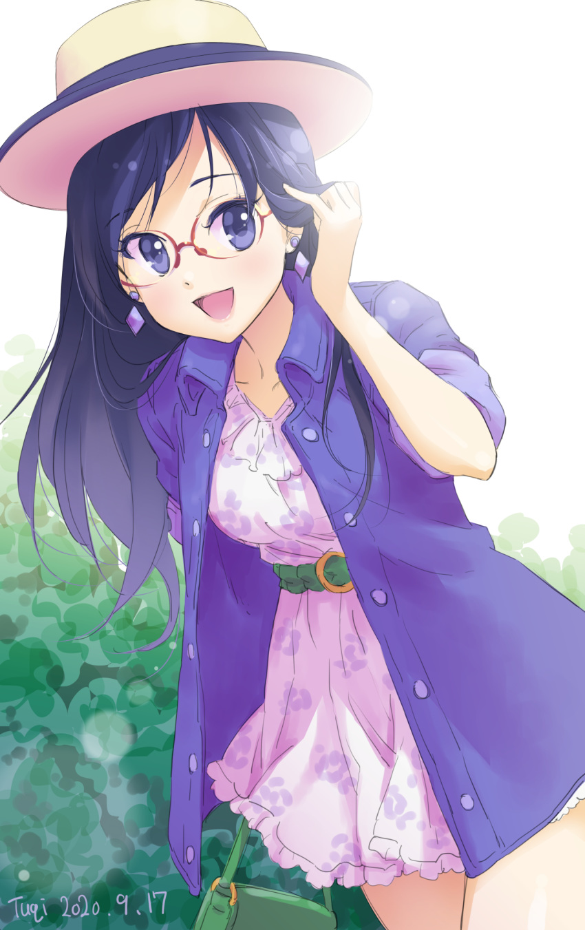 1girl, 2020, :d, adjusting_hair, blue_eyes, blue_hair, blue_shirt, collarbone, collared_shirt, cowboy_shot, dated, dokidoki!_precure, dress, dress_shirt, earrings, frilled_dress, frills, glasses, highres, hishikawa_rikka, jewelry, long_hair, looking_at_viewer, open_clothes, open_mouth, open_shirt, precure, print_dress, red-framed_eyewear, shiny, shiny_hair, shirt, short_dress, simple_background, sleeves_rolled_up, smile, solo, standing, sundress, tuqi_pix, white_background, white_dress, wing_collar