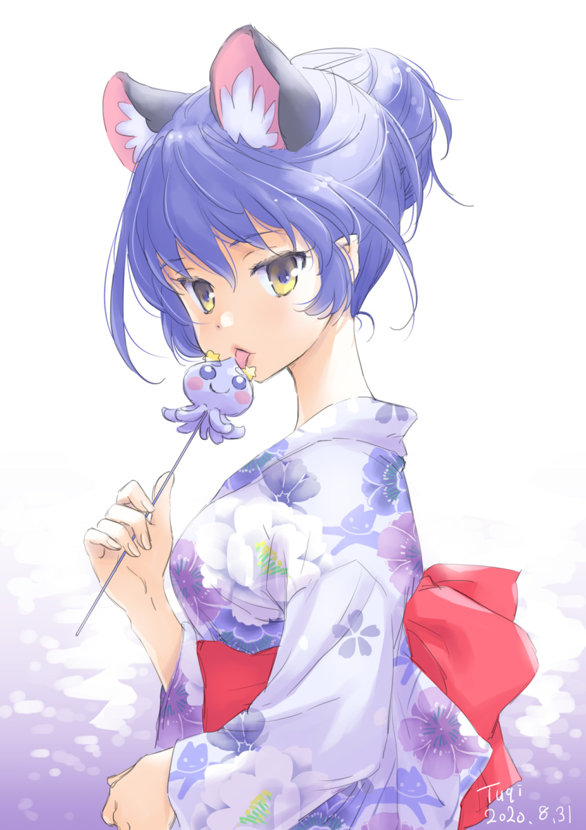 1girl, 2020, animal_ears, animal_print, bangs, blue_hair, cat_ears, cat_print