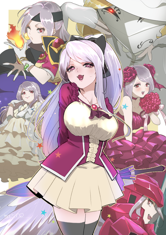 2girls, :d, black_bow, black_cape, black_headband, black_legwear, blonde_hair, bouquet, bow, breasts, cape, collarbone, cosplay, cosplay_request, dress, fangs, fire, flower, gloves, hair_bow, hair_flower, hair_ornament, headband, holding, holding_bouquet, holding_umbrella, large_breasts, layered_dress, lina_inverse, lina_inverse_(cosplay), long_dress, long_hair, looking_at_viewer, masiro, mask, miniskirt, multiple_girls, one_eye_closed, open_mouth, overlord_(maruyama), pink_eyes, pleated_skirt, ponytail, red_dress, red_flower, red_rose, rose, shalltear_bloodfallen, shiny, shiny_hair, short_sleeves, silver_hair, skirt, slayers, sleeveless, sleeveless_dress, smile, strapless, strapless_dress, thigh-highs, umbrella, very_long_hair, white_dress, white_gloves, white_skirt, zettai_ryouiki