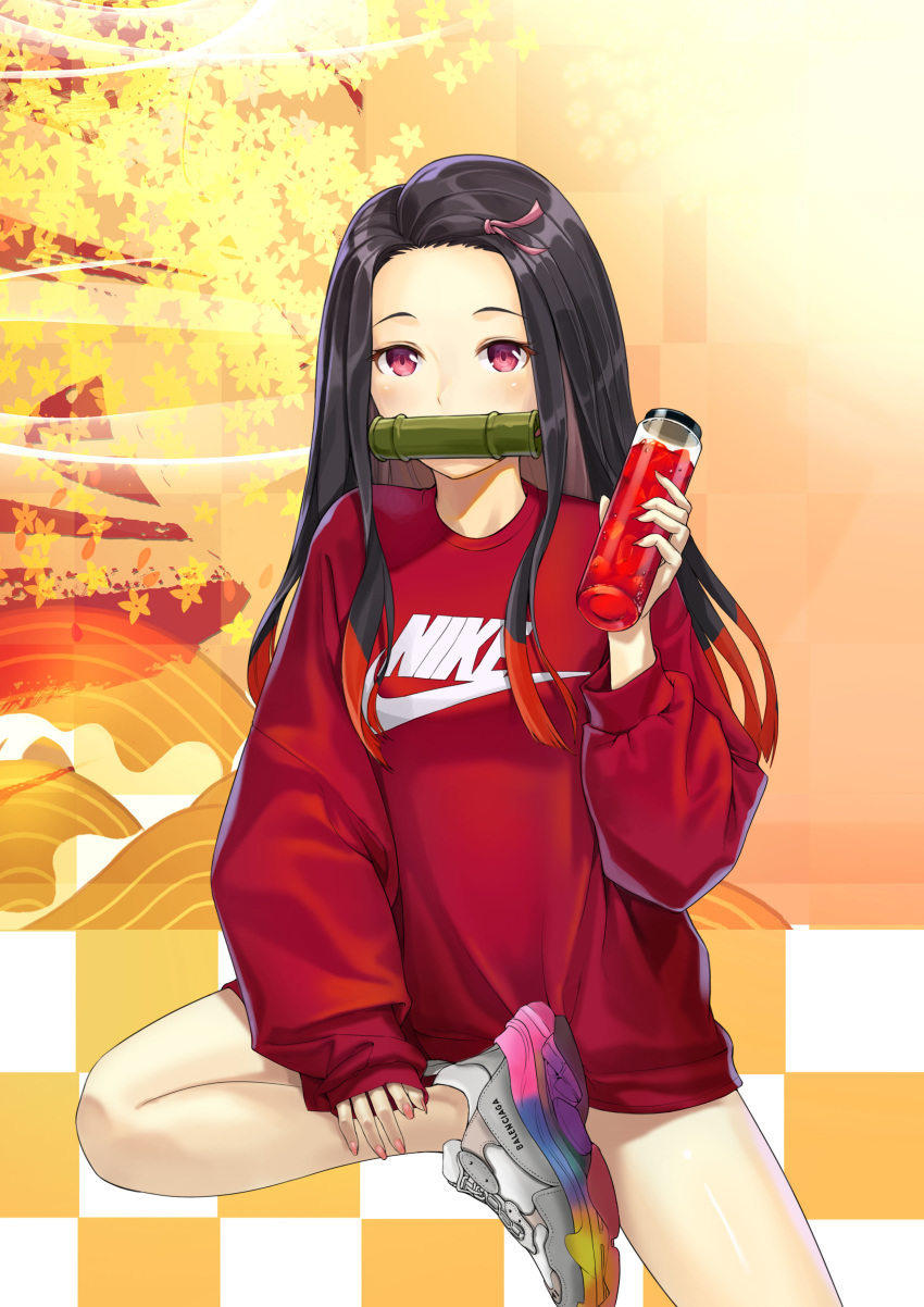 1girl, absurdres, black_hair, bottle, casual, hair_ribbon, highres, holding