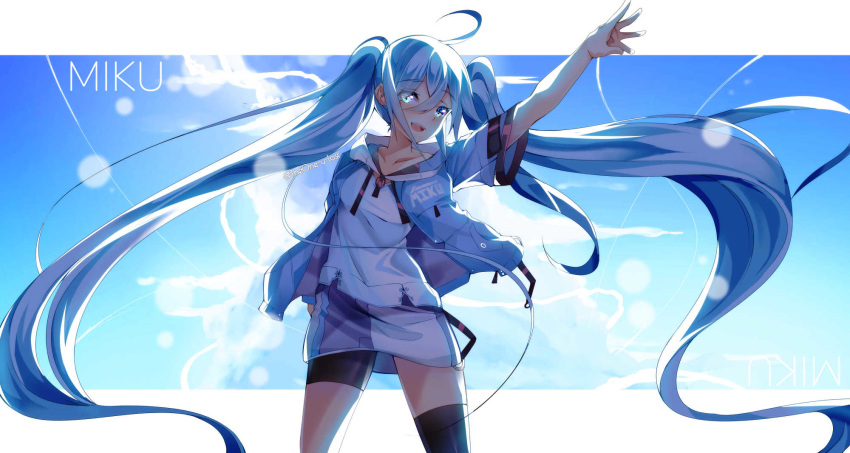 1girl, :d, absurdly_long_hair, ahoge, asymmetrical_legwear, asymmetrical_shorts, bangs, bike_shorts