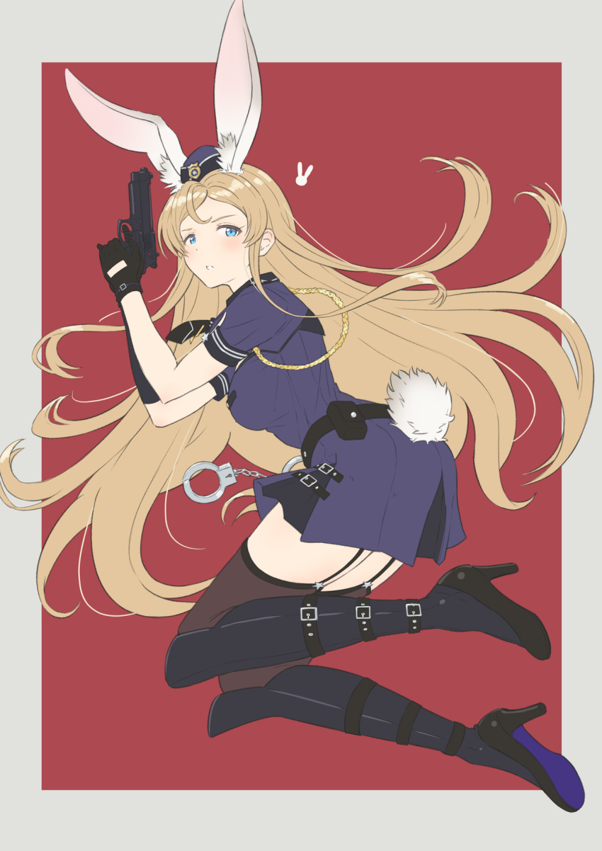 1girl, aiguillette, animal_ear_fluff, animal_ears, arms_up, asymmetrical_gloves, bangs, belt, belt_pouch, beretta_92, black_footwear, black_gloves, black_legwear, black_neckwear, blonde_hair, blue_dress, blue_headwear, boots, border, breasts, bunny_tail, commentary_request, cuffs, dress, elbow_gloves, floating_hair, from_side, full_body, garter_straps, gloves, grey_border, gun, handcuffs, handgun, hat, high_heel_boots, high_heels, highres, holding, holding_gun, holding_weapon, idolmaster, idolmaster_million_live!, idolmaster_million_live!_theater_days, knee_boots, light_blush, long_hair, looking_at_viewer, looking_to_the_side, medium_breasts, necktie, outside_border, parted_bangs, parted_lips, pistol, police, police_hat, police_uniform, policewoman, pouch, rabbit_ears, rabbit_girl, razi, red_background, shinomiya_karen, shoe_soles, short_dress, short_sleeves, sidelocks, solo, star_(symbol), tail, thigh-highs, thighhighs_under_boots, uniform, weapon