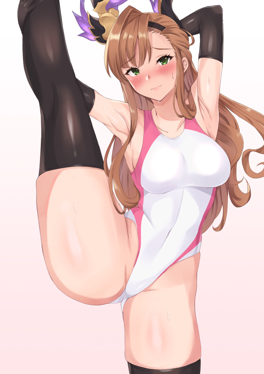 1girl, absurdres, armpits, arms_behind_head, arms_up, bangs, blush, breasts