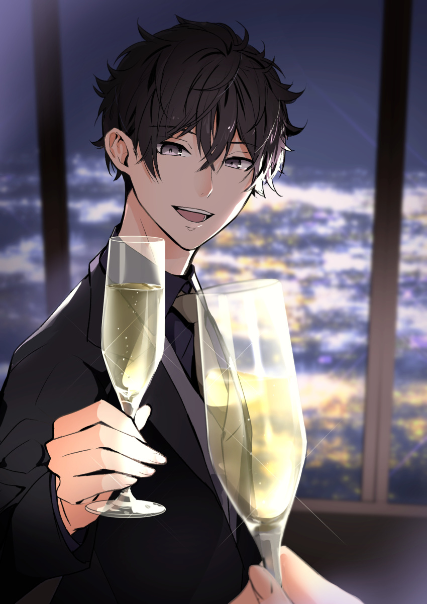 1boy, 1other, :d, alcohol, bangs, black_hair, black_jacket, blurry