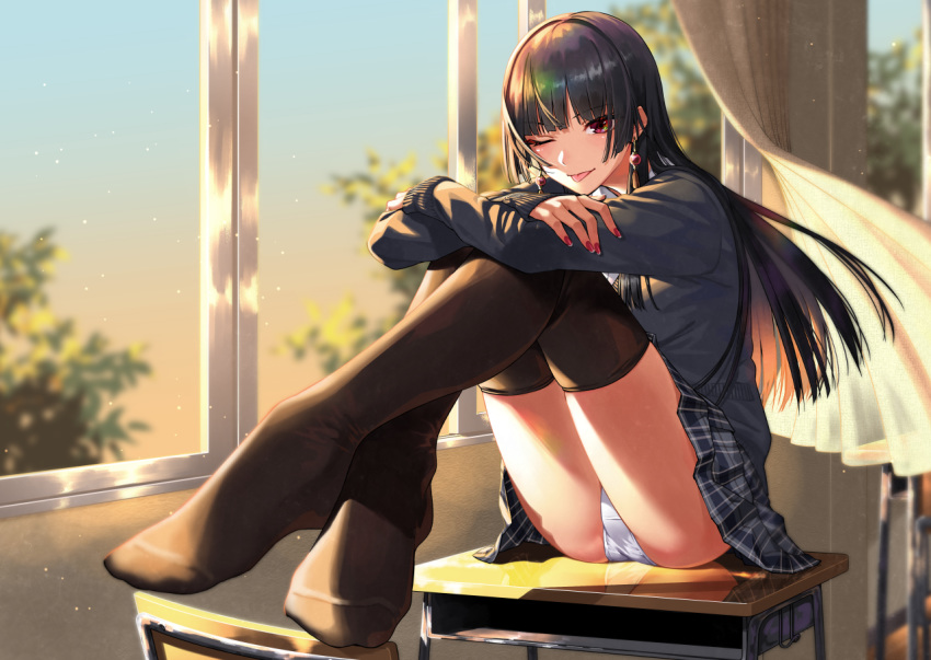 1girl, ;p, aisu_reizou, bangs, black_hair, black_legwear, blunt_bangs, blurry, cardigan, chair, classroom, crossed_ankles, crossed_arms, crotch_seam, curtains, depth_of_field, desk, earrings, eyebrows_visible_through_hair, feet, hands_on_own_knees, hands_up, hime_cut, indoors, jewelry, knees_up, light_particles, long_hair, looking_at_viewer, no_shoes, on_desk, one_eye_closed, original, panties, plaid, plaid_skirt, pleated_skirt, red_nails, reflection, school, school_chair, school_desk, school_uniform, sidelocks, sitting, skirt, sleeves_past_wrists, solo, sunlight, sunset, thigh-highs, tongue, tongue_out, underwear, violet_eyes, white_panties, wind, window