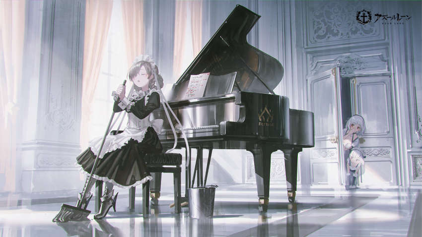 3girls, apron, azur_lane, back_bow, bangs, belchan_(azur_lane), black_dress, black_hairband