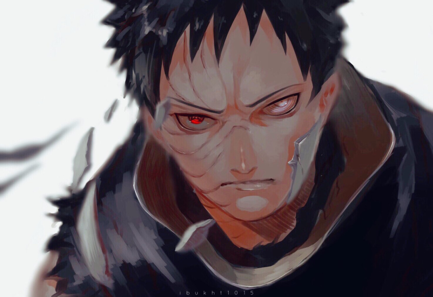 1boy, artist_name, black_hair, broken_mask, closed_mouth, face, ibuo_(ibukht1015), looking_at_viewer