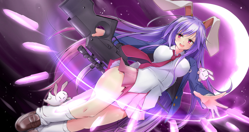 1girl, animal, animal_ears, blazer, blouse, breasts, bullet, bunny_tail
