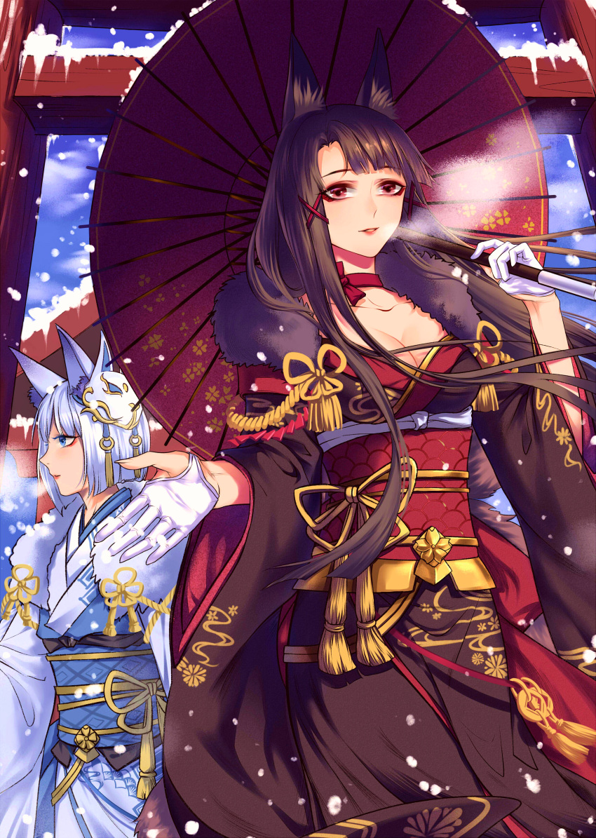 2girls, absurdres, akagi_(azur_lane), akagi_(plum_and_snow)_(azur_lane), animal_ear_fluff, animal_ears, arrow_(projectile), artist_request