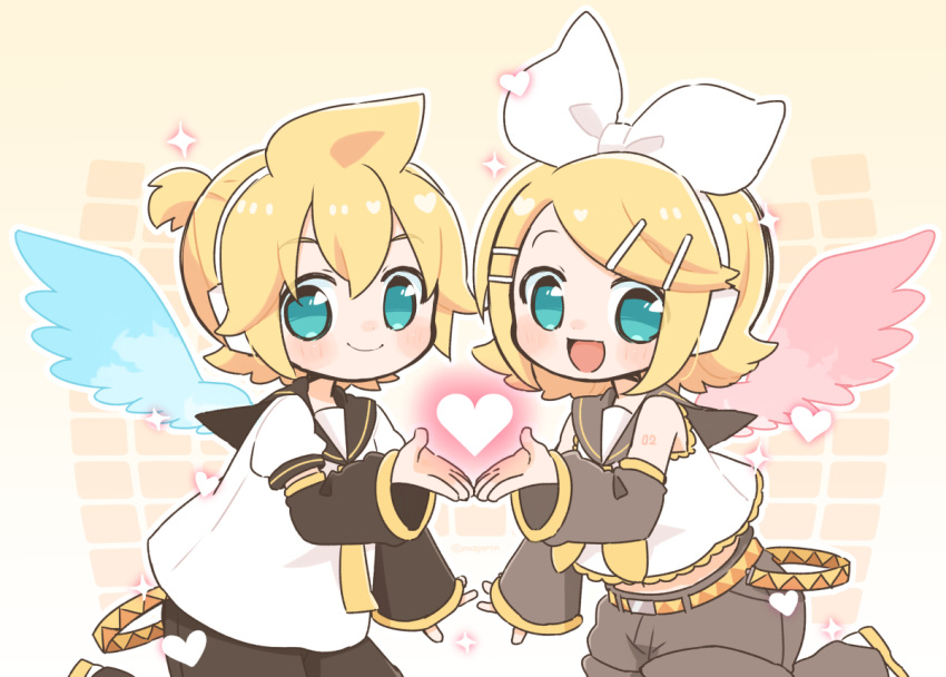 1boy, 1girl, angel_wings, aqua_eyes, arm_warmers, bangs, bare_shoulders, black_collar