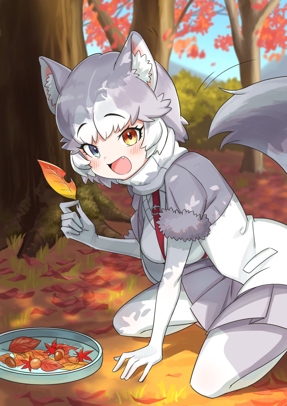 1girl, animal_ears, autumn_leaves, blue_eyes, blush, chestnut, commentary_request, dog_(mixed_breed)_(kemono_friends)