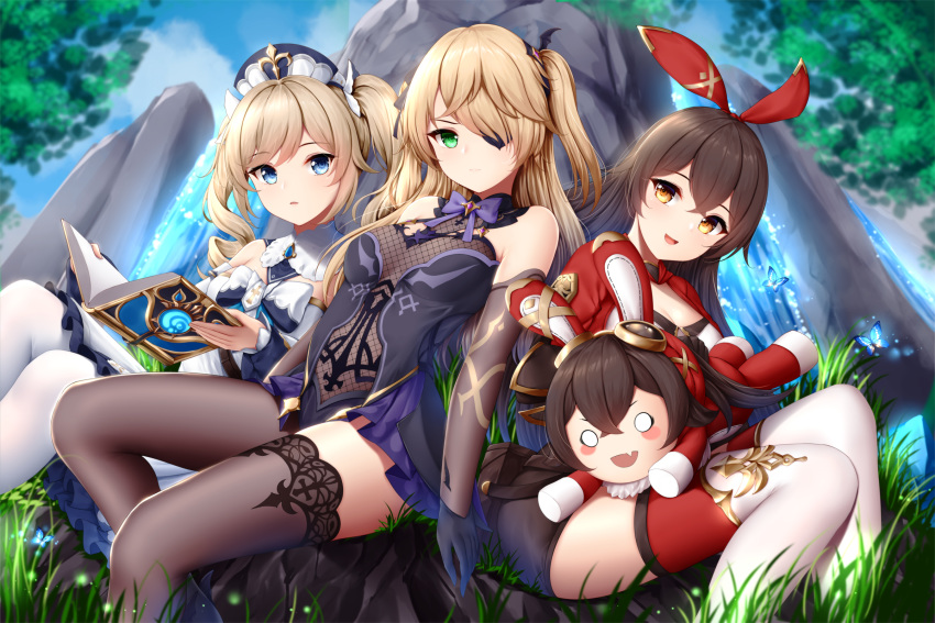 3girls, amber_(genshin_impact), arm_warmers, asymmetrical_legwear, barbara_(genshin_impact), bare_shoulders, black_dress, black_gloves