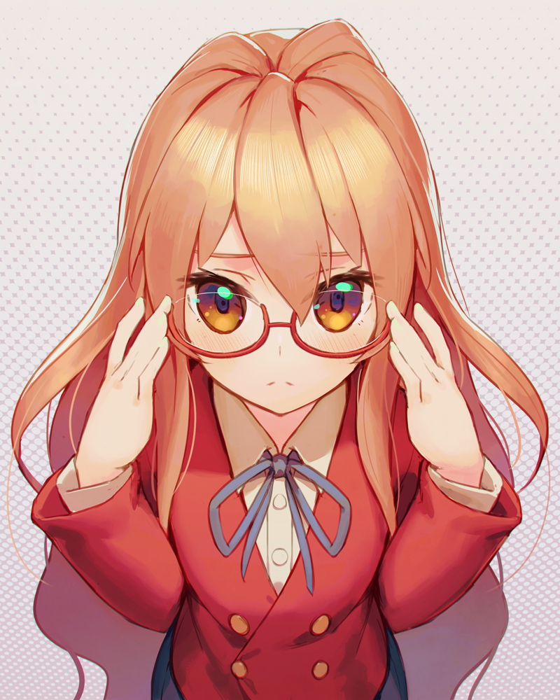 1girl, adjusting_eyewear, aisaka_taiga, bangs, bespectacled, blush, brown_eyes, brown_hair