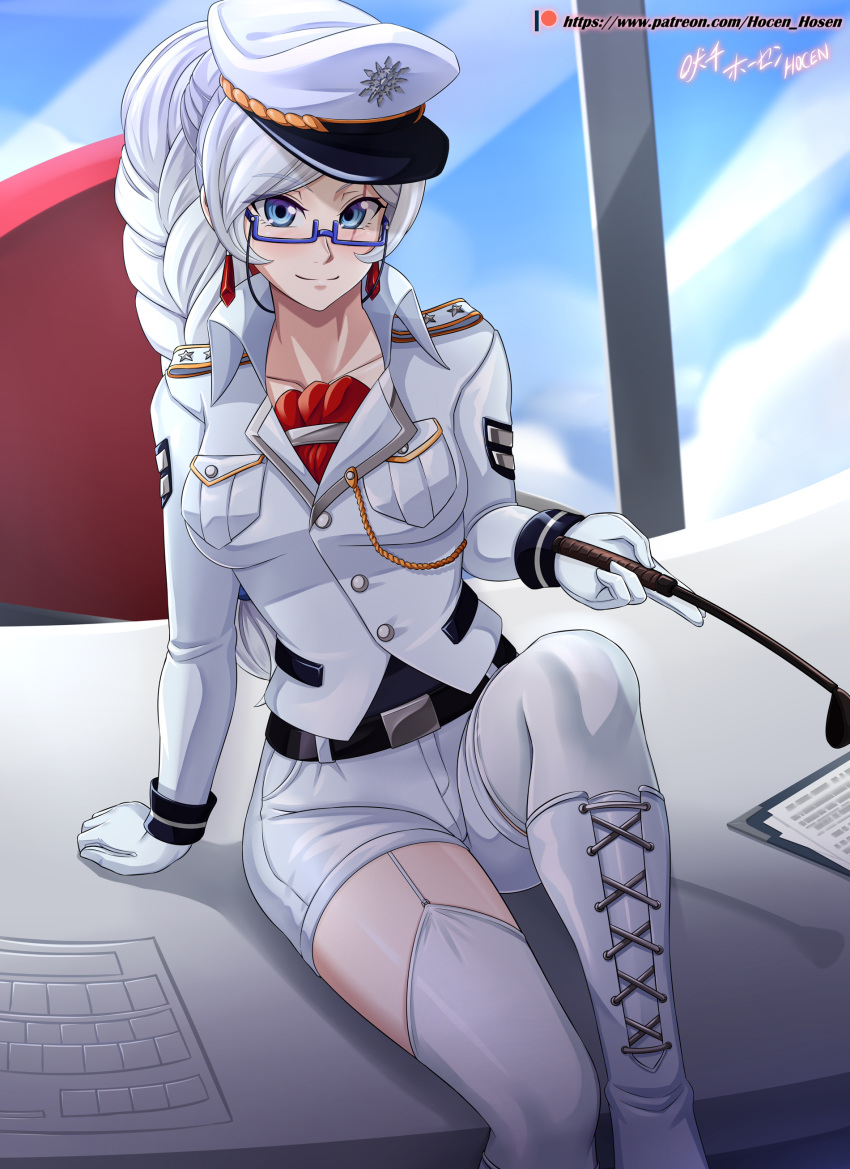 1girl, absurdres, artist_name, belt, belt_buckle, blue_eyes, boots, braid