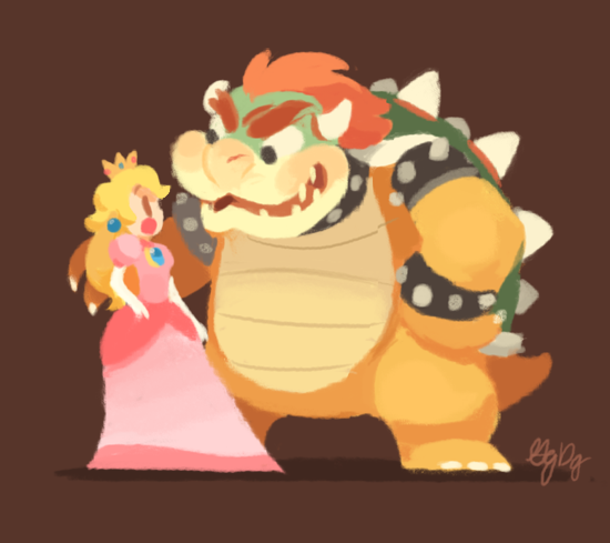 blonde_hair, bowser, crown, dress, gigi_d.g., green_shell, horns, pink_dress