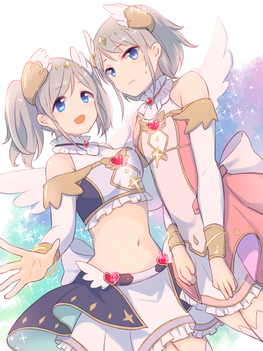 2girls, :d, akari_(princess_connect!), bangs, bare_shoulders, blue_eyes, blush, bow, breasts, closed_mouth, commentary, crop_top, detached_sleeves, dutch_angle, eyebrows_visible_through_hair, frilled_skirt, frills, grey_hair, gucchiann, hair_between_eyes, head_wings, heart, highres, long_sleeves, medium_breasts, midriff, multiple_girls, navel, open_mouth, princess_connect!, princess_connect!_re:dive, romaji_commentary, siblings, sisters, skirt, smile, sparkle_background, sweat, swept_bangs, twins, twintails, wavy_mouth, white_bow, white_skirt, white_sleeves, white_wings, wings, yori_(princess_connect!)