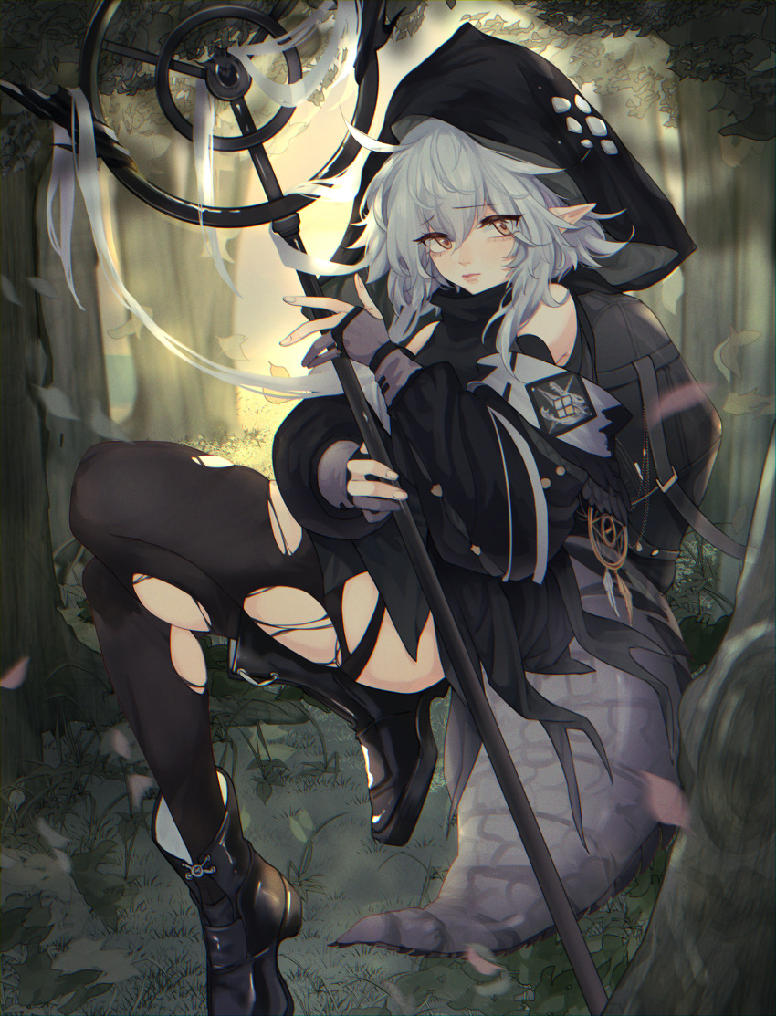 2girls, arknights, bare_shoulders, black_footwear, black_legwear, boots, crocodilian_tail, gavial_(arknights), highres, holding, holding_staff, hood, long_sleeves, multiple_girls, pointy_ears, silver_hair, solo_focus, staff, tail, thighs, tomimi_(arknights), torn_clothes, torn_legwear, ya_kexi, yellow_eyes