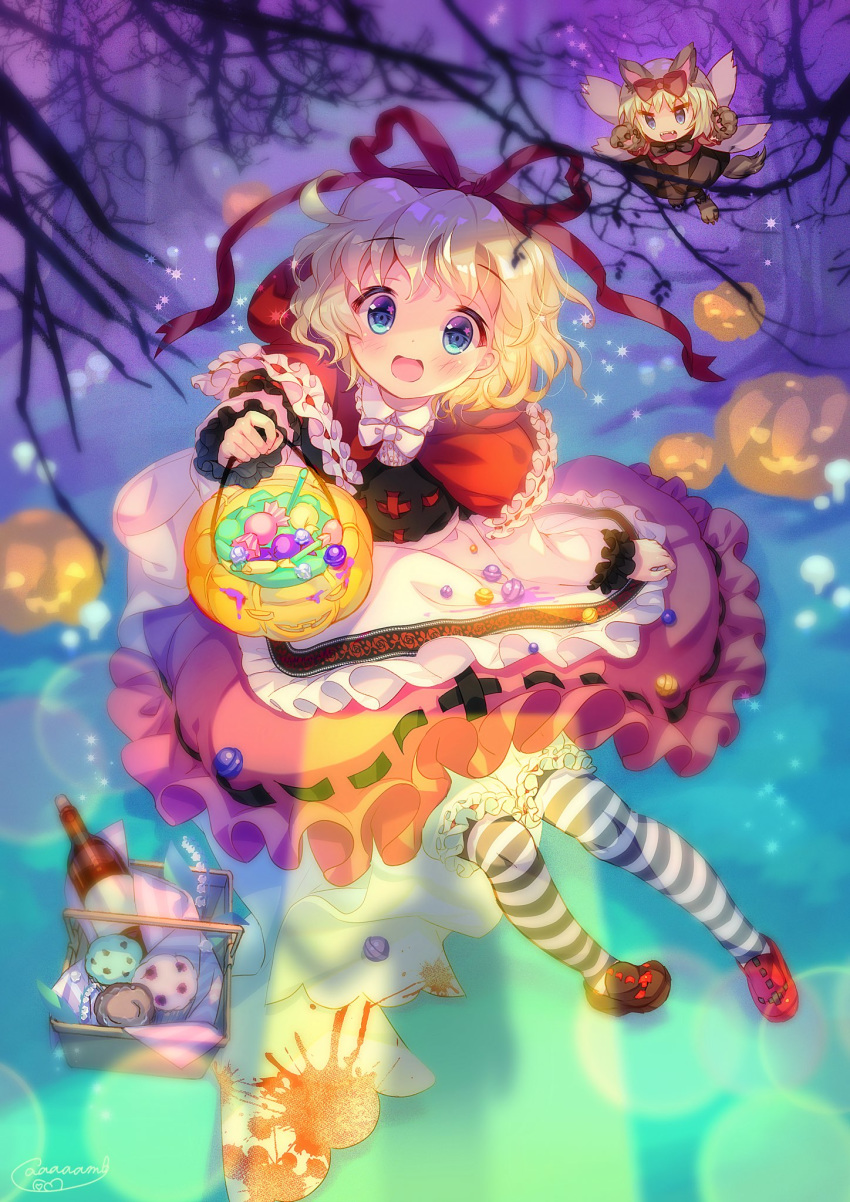 1girl, amo, animal_costume, apron, apron_hold, apron_tug, bare_tree, basket